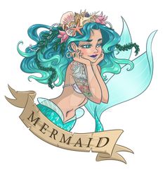 a mermaid with blue hair and tattoos on her chest is sitting in front of a banner