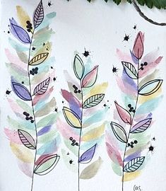 watercolor painting with leaves and stars on white paper