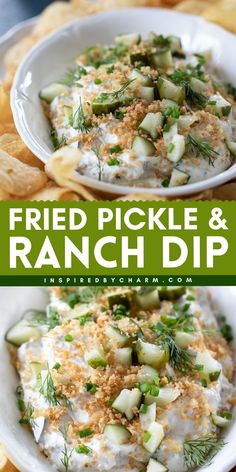 A perfect party snack food! Nothing beats this homemade fried pickle and ranch dip. This easy appetizer recipe for party is sure to be a crowd-pleaser. Creamy and savory with a tangy crunch, this fried pickle dip is a delicious game day recipe! Deep Fried Pickles With Cream Cheese, Fried Pickle And Ranch Dip, Fall Dips And Appetizers, Pickle Ideas, Pickle Ranch, Easy Fried Pickles, Pickles Recipes, Fun Appetizers, Pickle Appetizers