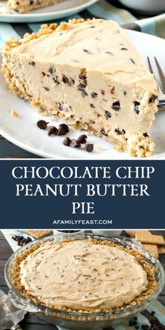 chocolate chip peanut butter pie on a white plate with text overlay that reads, chocolate chip peanut butter pie