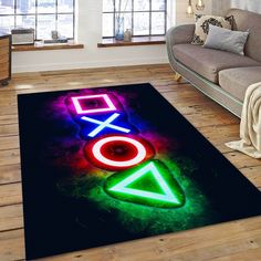 a rug with the word xoxo painted on it in bright neon colors and shapes