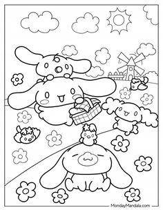 an animal coloring page for kids with flowers and clouds in the background, including a dog