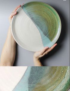 two photos of hands holding a white and green plate