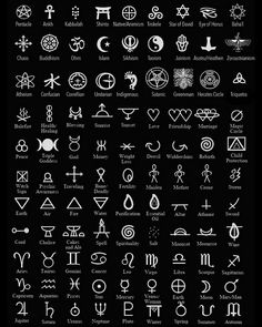 an image of different symbols in white ink on a black background, with the words written below them