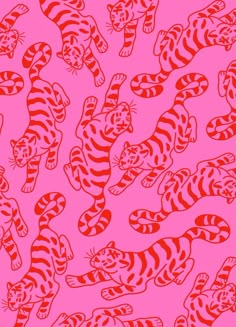 a red and white tiger pattern on a pink background, with smaller tigers in the middle