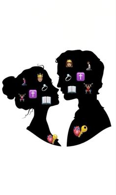 the silhouettes of two people are shown with icons on their faces and in front of them