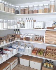 an organized pantry filled with lots of food