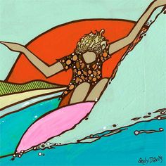 a painting of a woman on a surfboard in the water