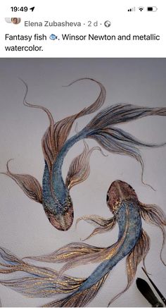 an image of two fish in the water with long hair on it's back