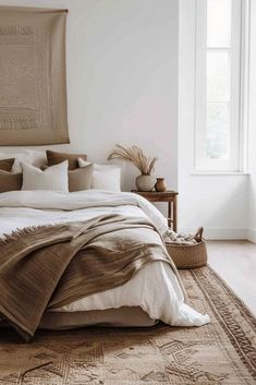 a large bed sitting in a bedroom next to a window