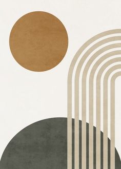 an abstract painting with circles and lines in grey, beige, and brown colors on a white background