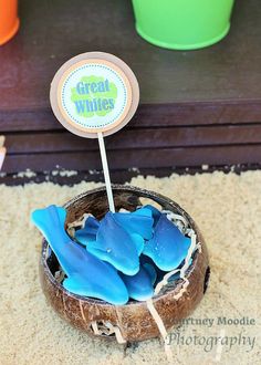 a bowl filled with blue candies sitting on top of a carpet next to potted plants