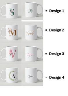 six coffee mugs with different designs and font on the sides, including one for each letter