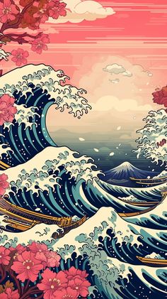 the great wave off kanjika island is depicted in this colorful painting by japanese artist horyu