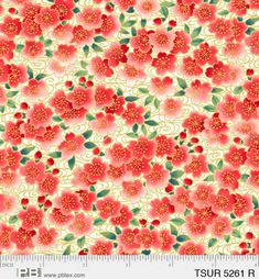 red flowers on white background with green leaves and pink flowers in the center, as well as