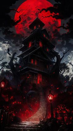 a creepy house with red lights in front of the moon and bats flying over it