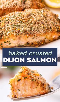 baked crusted salmon on a fork with lemons in the background