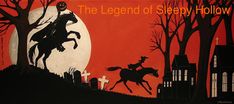 the legend of sleepy hollow is depicted in this halloween themed scene with a horse and graveyard