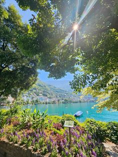 the sun shines brightly over a lake surrounded by greenery and flowers, with boats on the water in the distance