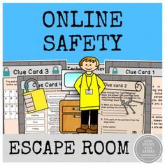 an escape room with the words online safety on it and a person standing in front of them