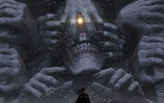 a man standing in front of a giant monster with his hands on his face and glowing eyes