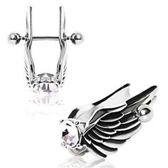 two pairs of angel wings with crystal stones on each earring, one in silver and the other in white gold