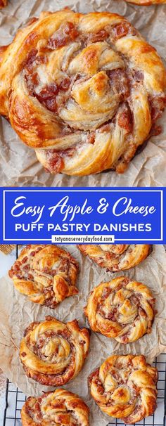 some very tasty looking pastries on top of paper with the words easy apple and cheese puff pastry danishes