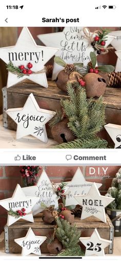 christmas decorations are displayed on wooden boxes with pine cones and evergreen branches in them, along with the words merry