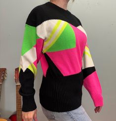 vintage 70s 80s hot pink neon green wool ski sweater snuggler ski wear Seattle brand acrylic wool blend  ladies large Hong Kong  great condition, no areas of stain or damage, light wear measurements lying flat: shoulders:27" Bust:24" waist:17"-21" length:27" sleeve opening:12" shoulder to cuff 23" 80s Neon, Maximalist Style, Snow Bunny, Colorblock Sweater, Ski Sweater, Funky Outfits, Pink Neon, Sweater Vintage, Green Wool