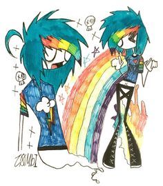 two cartoon characters standing next to each other in front of a rainbow colored drawing on paper