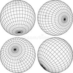 four spherical balls with intersecting lines on the top and bottom, all in different directions