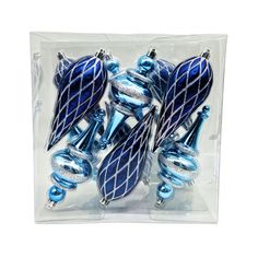 blue glass ornaments in a clear box