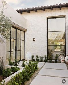 a white house with large windows and plants