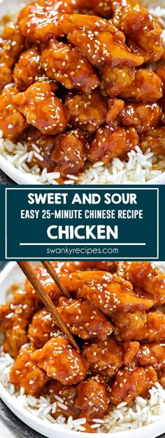 sweet and sour chicken is served over rice in a white bowl with chopsticks