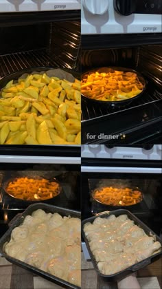 four pictures show different stages of cooking food in the oven, including apples and cheese