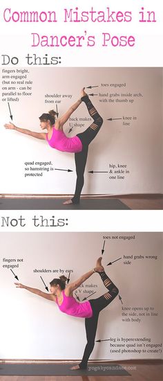 a woman doing yoga poses in front of a white wall with the words common mistakes in dancer's pose