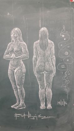 a chalk drawing of two women standing in front of a blackboard