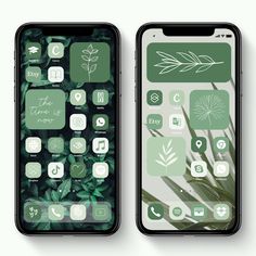 two iphones side by side, one with green leaves and the other with white