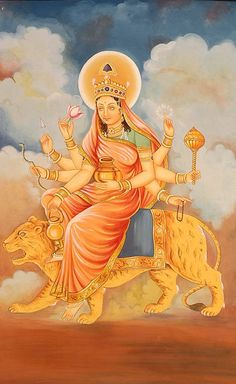 the goddess sitting on top of a tiger and holding a flower in her hand, surrounded by clouds