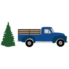 a blue truck parked next to a small christmas tree on a white background with the words merry christmas written below it