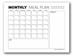 the printable meal plan is shown in black and white, with an empty space for notes