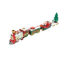 a toy train is shown with trees on the tracks and people riding it in the snow