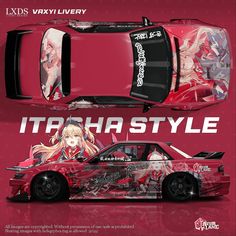 a red car with anime characters painted on it's side and the words titan style