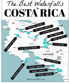 the best water fall in costa rica map with all its locations and their names on it