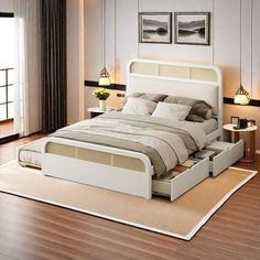 a large bed sitting on top of a wooden floor