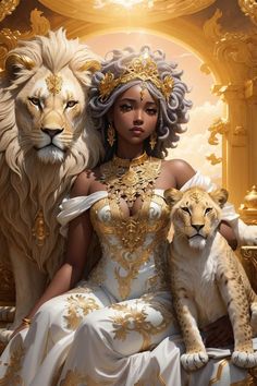 a woman sitting on top of a lion next to a white and gold cat in front of a golden background