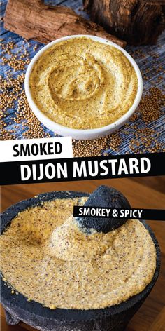 an image of some food that is in a bowl and the words smoked dijon mustard are