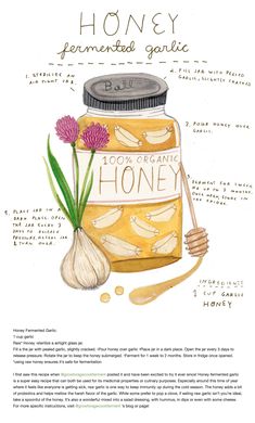 a jar of honey with some flowers on it