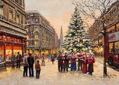 a painting of people standing in front of a christmas tree on a city street at night