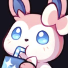 a cartoon bunny with blue eyes holding a drink